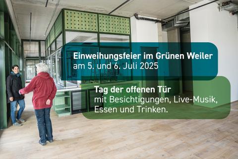 Foto von der Gemeinschaftsküche mit Aufschrift: Einweihungsfeier im Grünen Weiler am 5. und 6. Juli 2025, Tag der offenen Tür mit  Besichtigungen, Live-Musik, Essen und Trinken.